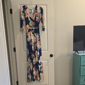 Navy Floral Maxi Dress with 3/4 Sleeves